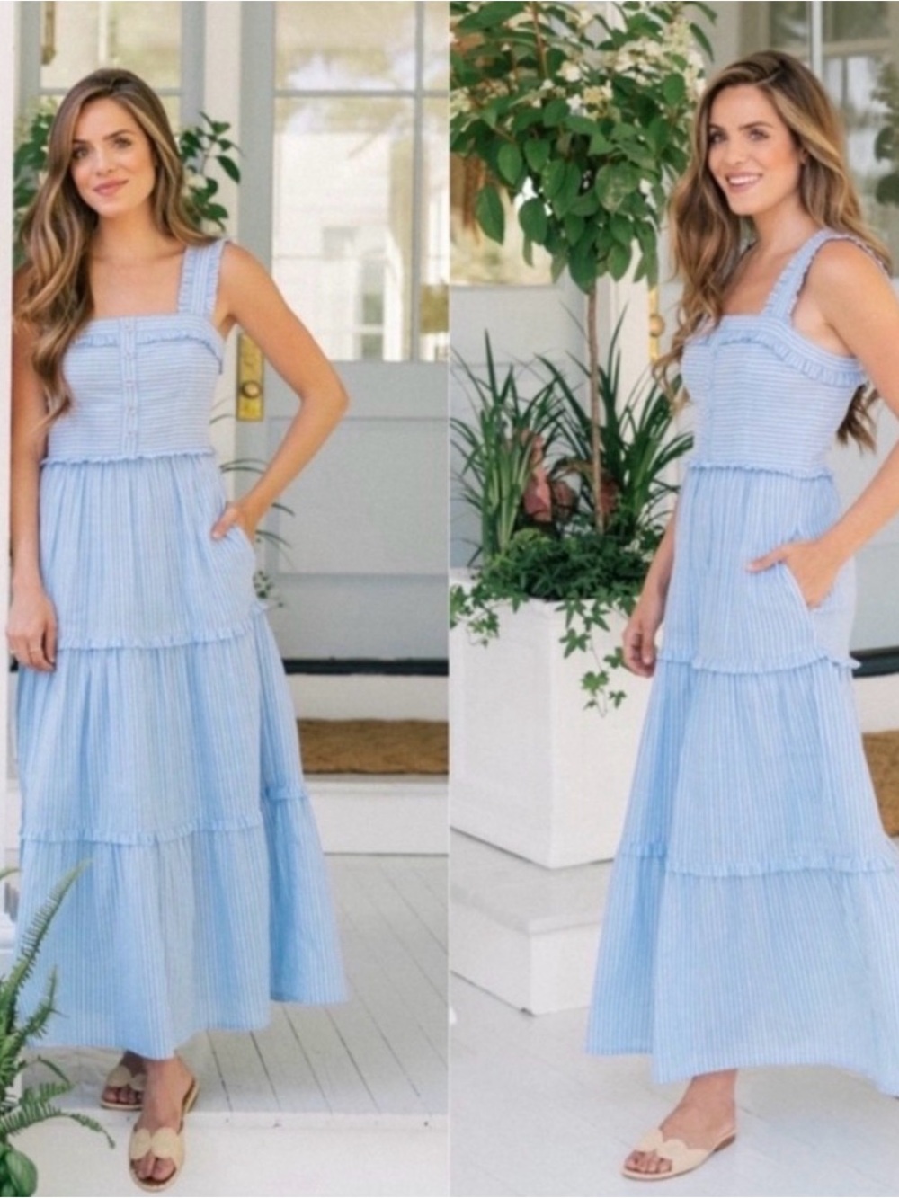 Gal Meets Glam Light Blue Striped Tiered Maxi Dress Sz 4